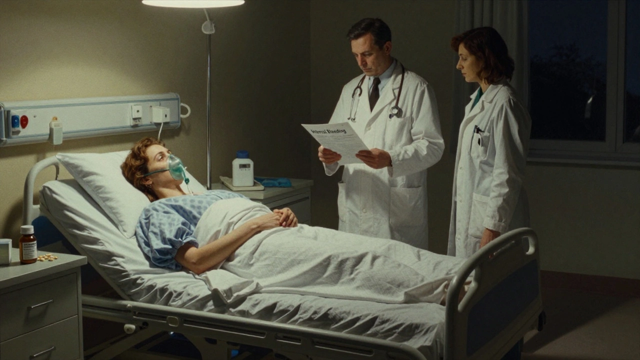 A woman in a hospital bed is attended by medical staff while St. John’s wort and birth control pills sit on the nightstand.