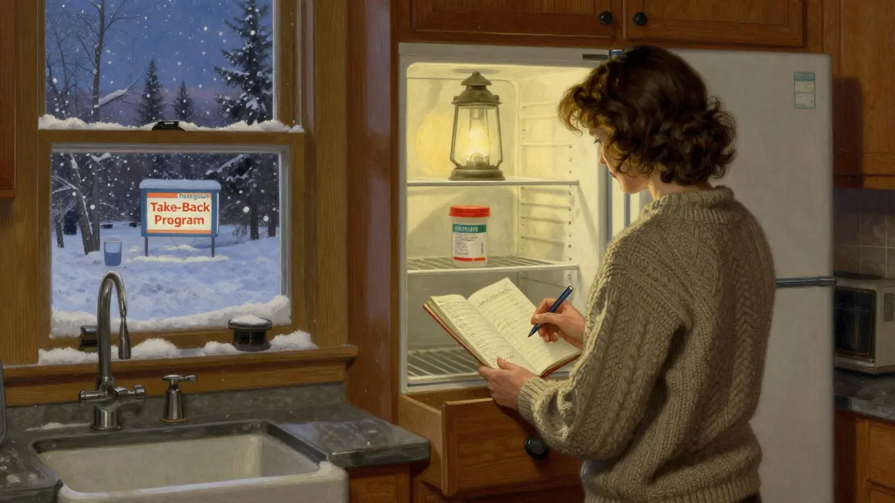 A woman organizing medications in a locked drawer, with insulin safely stored in the fridge and a pharmacy sign visible outside.