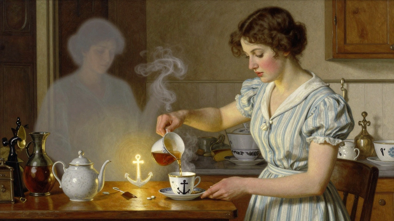 A woman placing a pill beside her tea cup in a quiet kitchen, with fading memories behind her in warm, painterly tones.