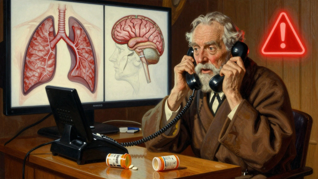 An elderly man calling his clinic as warning symbols float beside him, pill bottle open on counter.
