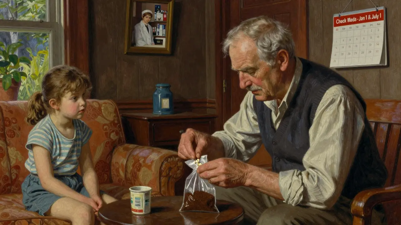 An elderly man disposing of expired pills safely while a child watches from a distance in a cozy living room.
