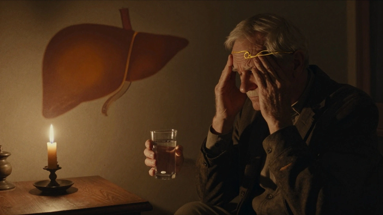 An elderly man holding an acetaminophen tablet with a faint glowing liver in the background.