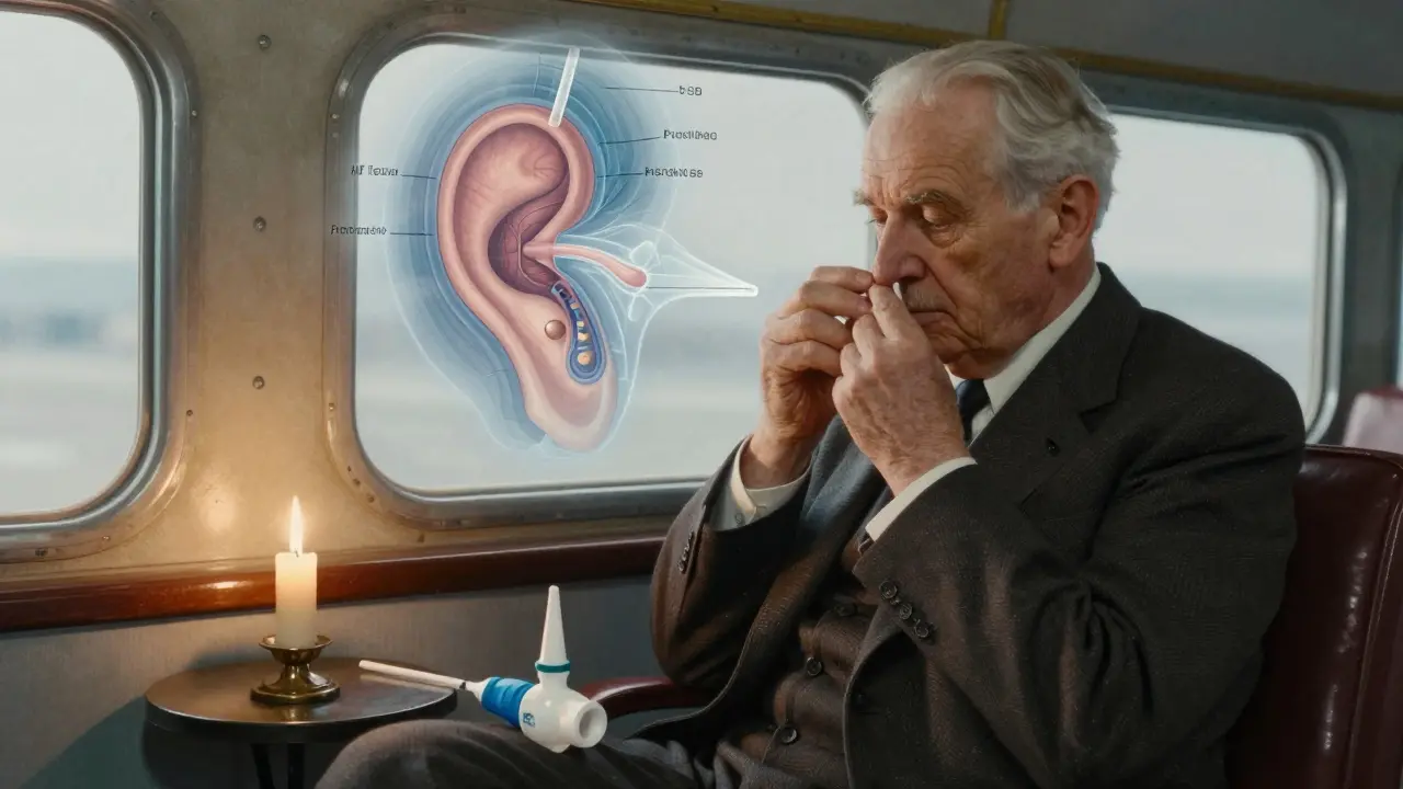 An elderly man performing the Toynbee maneuver with a medical diagram of the ear floating beside him in soft light.