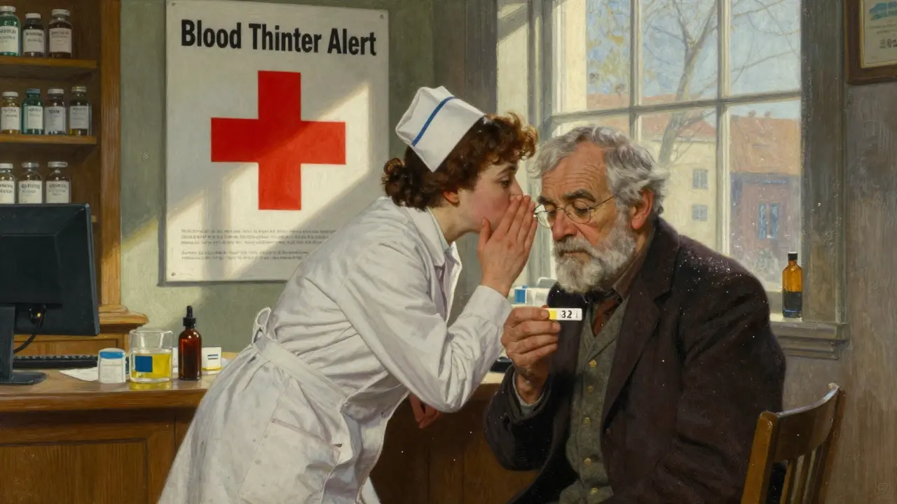 An elderly man shows an INR test result to a nurse in a pharmacy, surrounded by medical posters and sunlight.