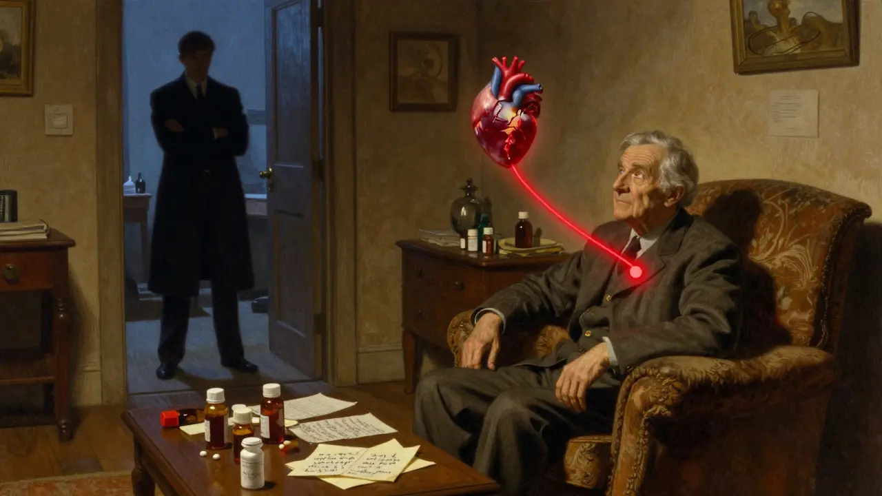 An elderly man sits alone with pill bottles and handwritten notes, a pharmacist watching from the doorway in a dimly lit room.