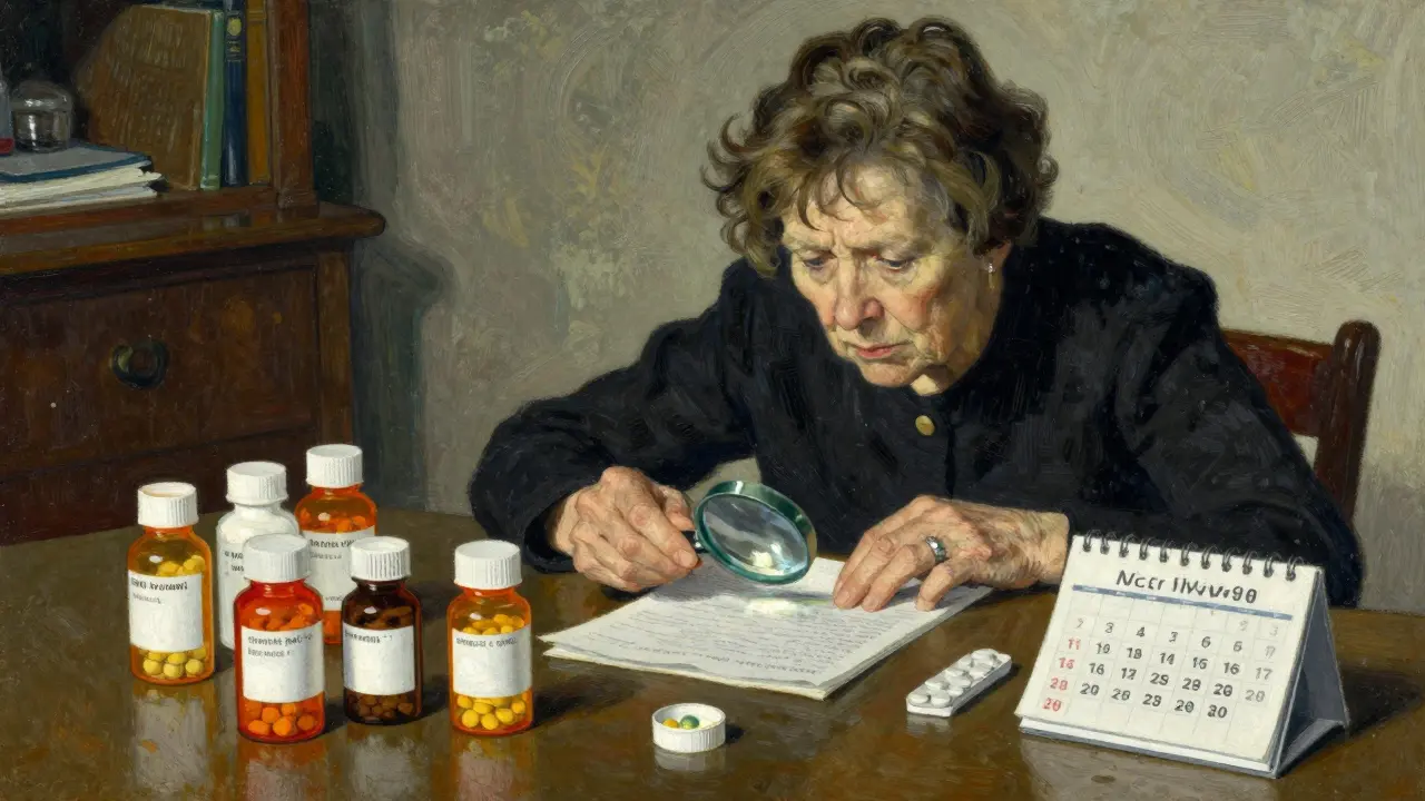 An older woman surrounded by multiple pill bottles with tiny labels, struggling to manage her complex medication regimen.