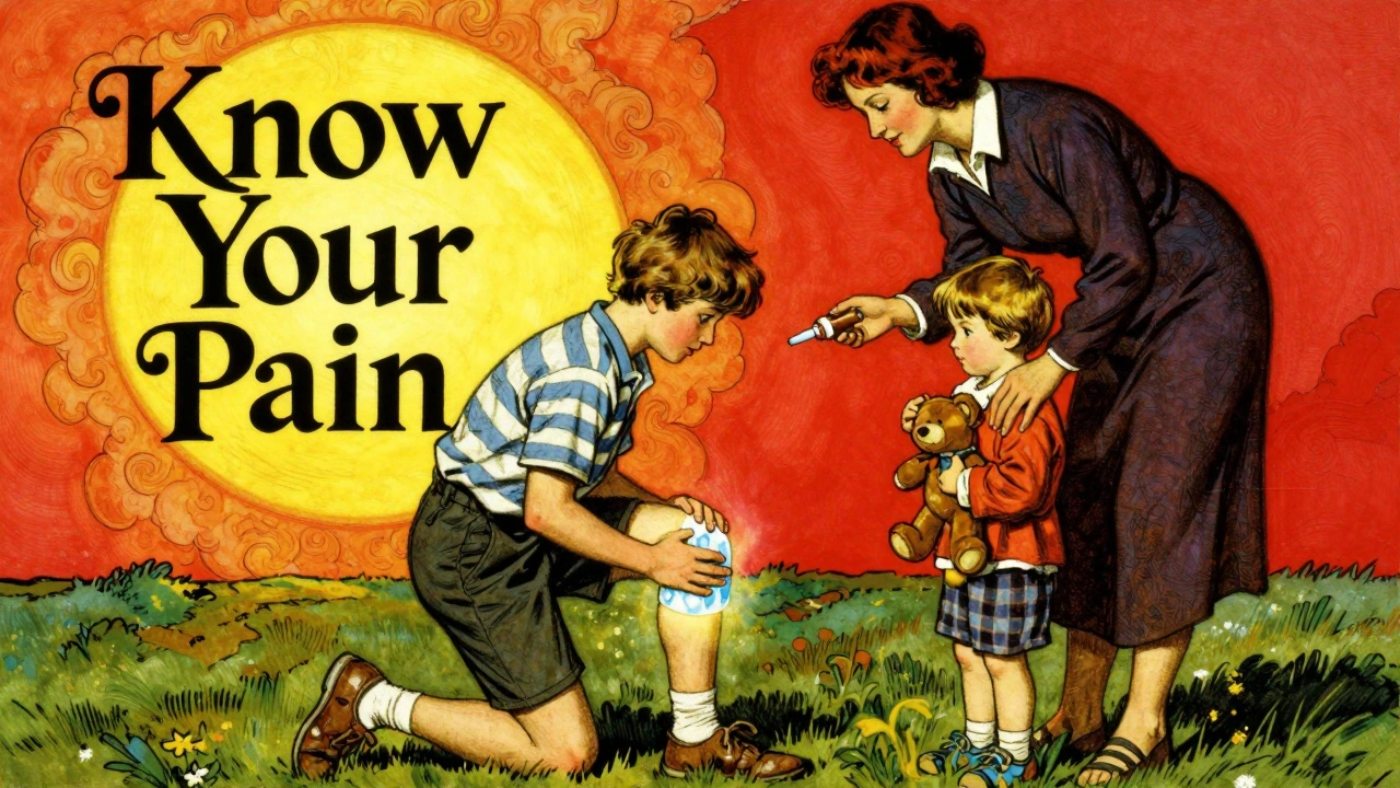 Athlete and mother with children under a split sun symbolizing pain relief choices in classic illustration style.