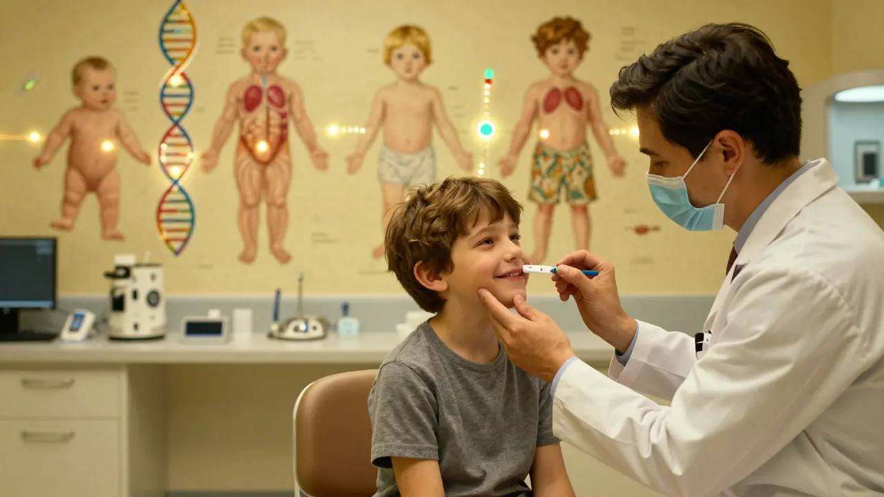 Child getting a genetic cheek swab as a mural of developing anatomy and safe drug paths glows behind them.