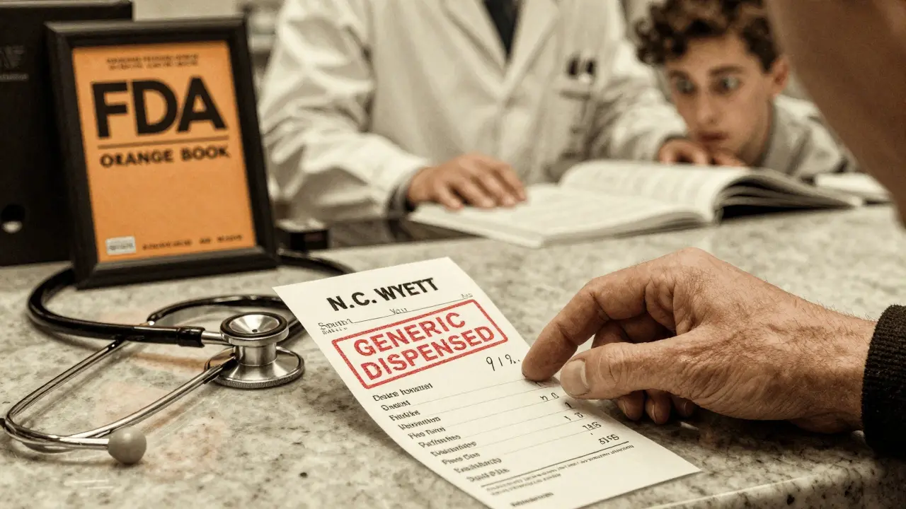 Close-up of a pharmacy receipt marked 'GENERIC DISPENSED' as a patient reaches for it, with medical references nearby.