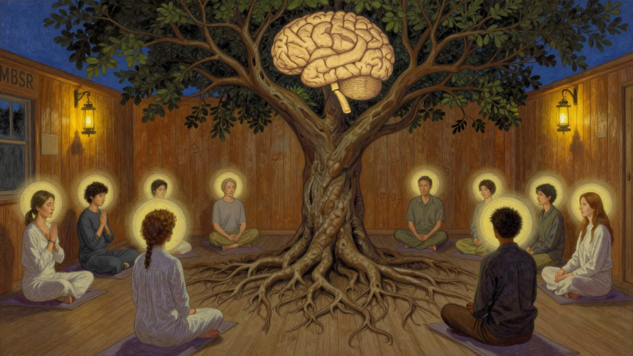 Diverse group in a mindfulness class surrounded by personal light halos, beneath a tree shaped like a brain, illuminated by warm lantern glow.