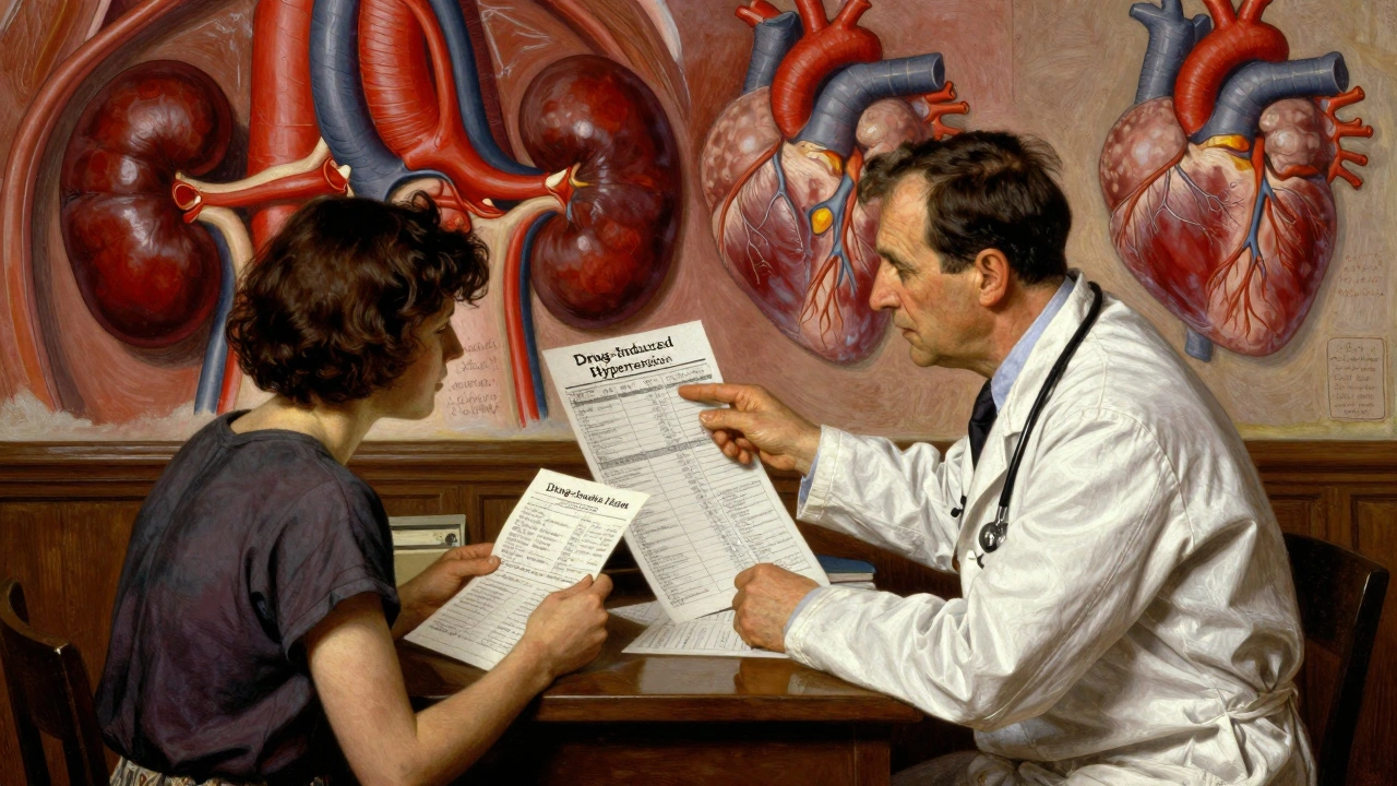 Doctor and patient reviewing medication list with physiological effects shown on wall mural.