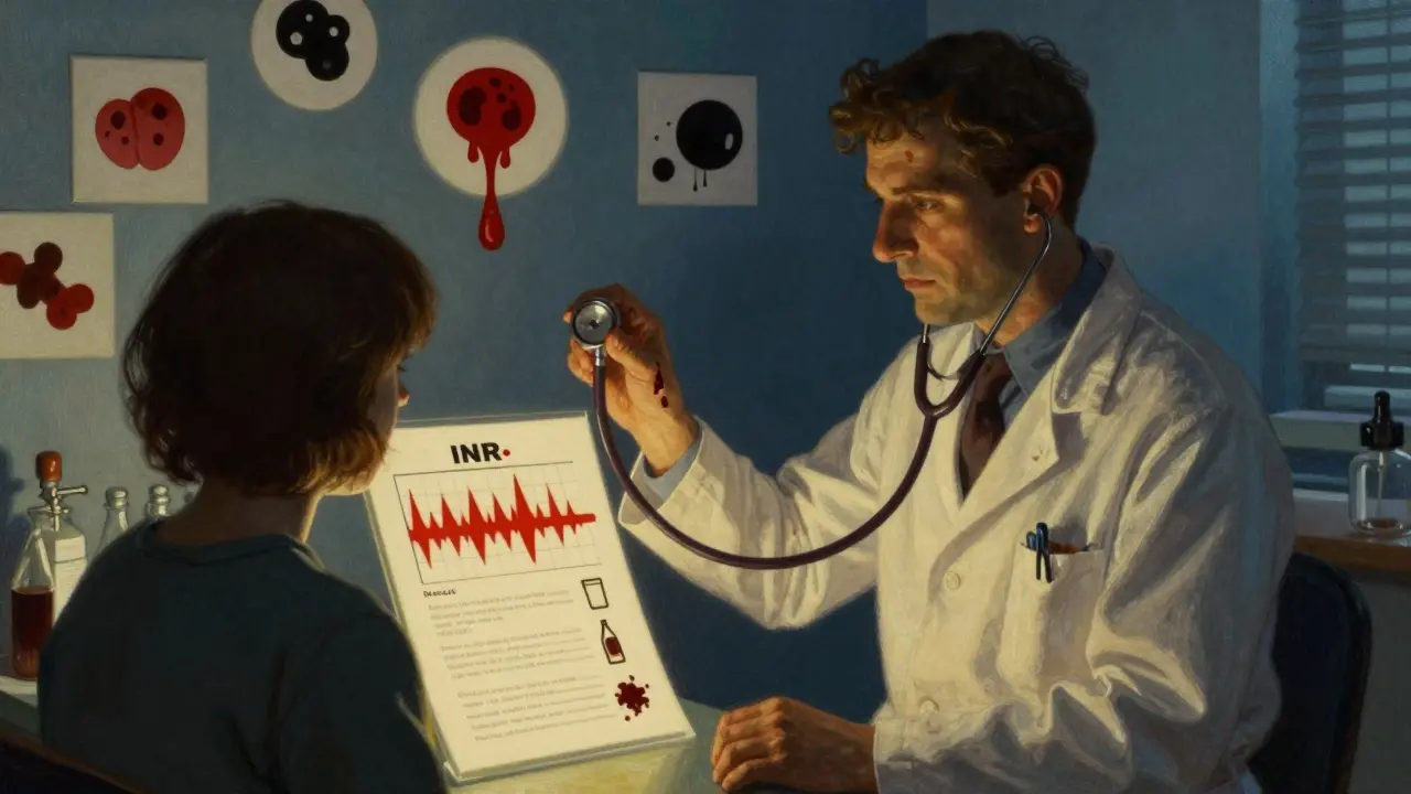 Doctor holding bloodied stethoscope as medical symbols of bleeding float around