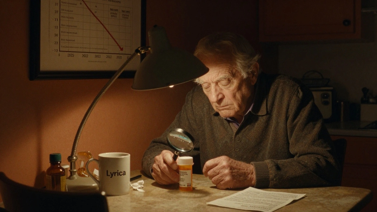 Elderly patient examining a pill bottle under a lamp, with a graph showing declining authorized generics on the wall.