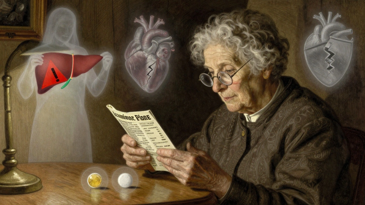 Elderly woman reading medicine label with ghostly icons of liver and heart risks floating above.