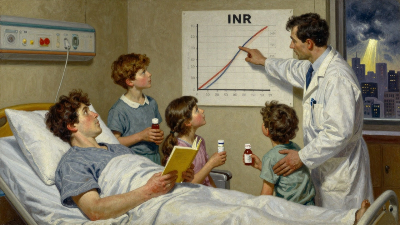 Family with doctor beside hospital bed, holding yellow notebook and pill bottle, sunlight outside.