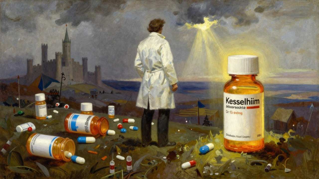 Medical advocate standing atop a hill overlooking pill bottles, with authorized generic glowing beside brand-name drug.