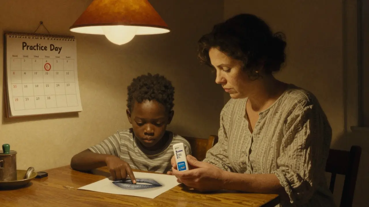 Mother and child learning to recognize overdose signs using a skin tone guide at a wooden table.