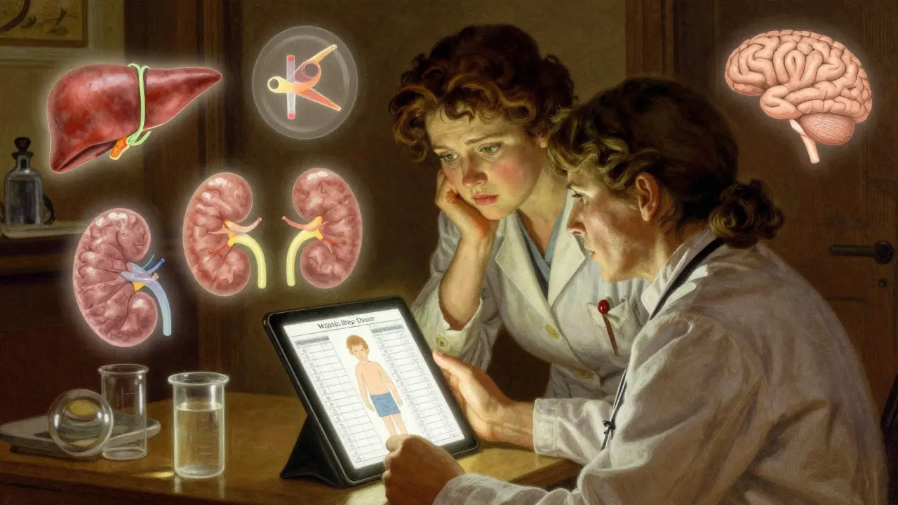 Mother and doctor reviewing a child's dosage chart with glowing organ icons in warm, detailed illustration.