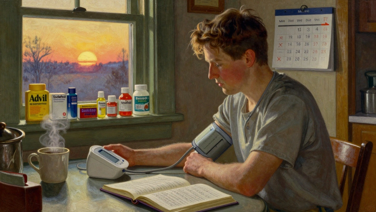 Person checking blood pressure at home at dawn with medication bottles visible.