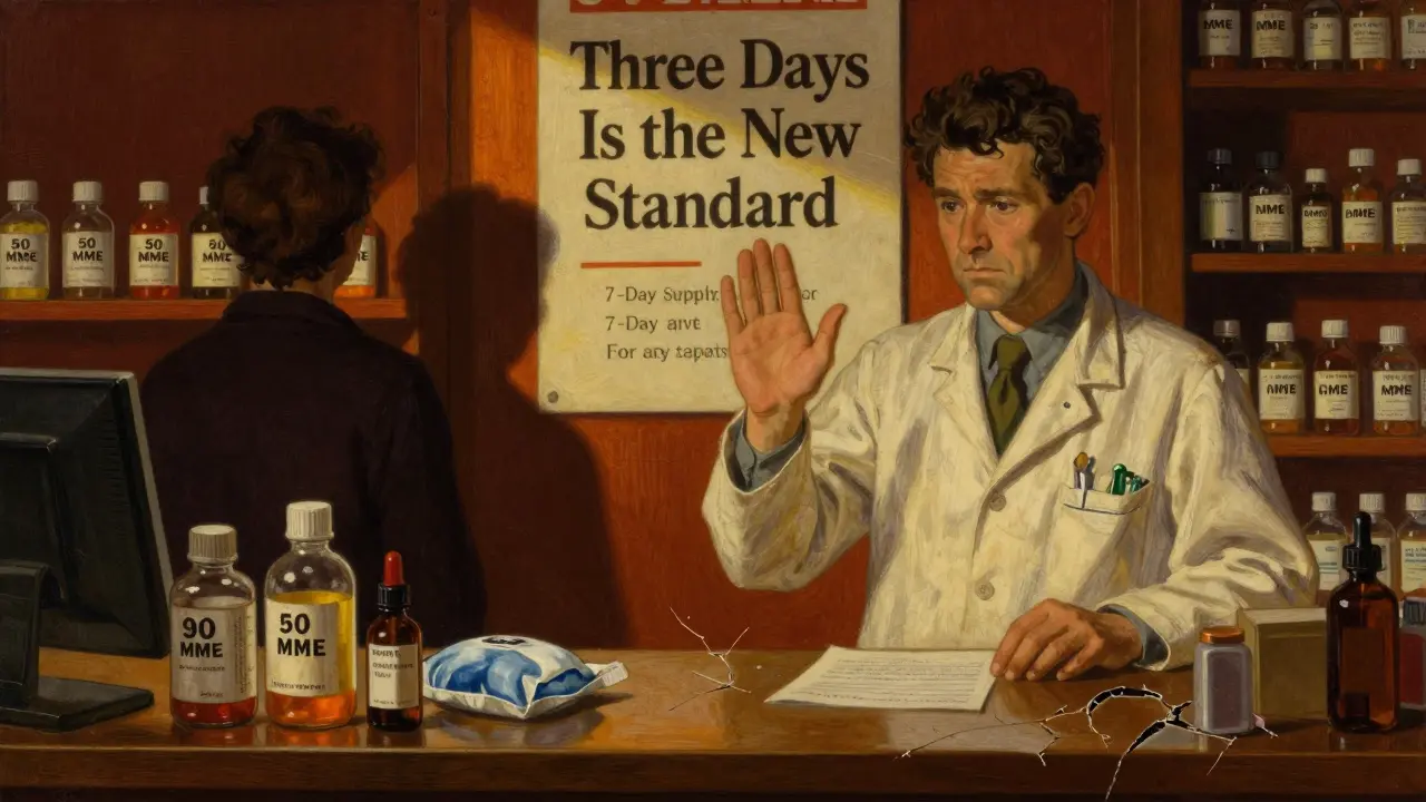 Pharmacist stopping an opioid refill as warning symbols and safer alternatives surround the scene.