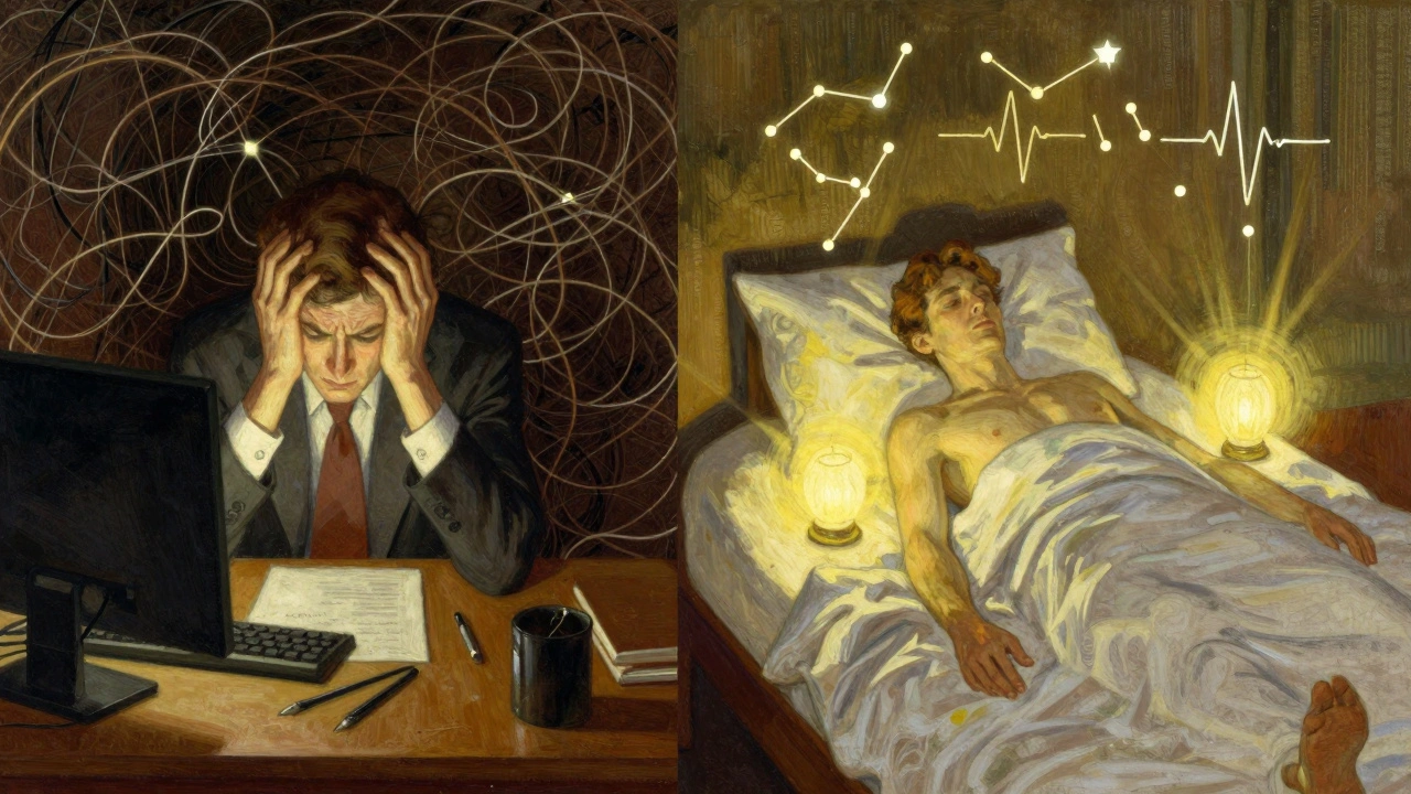 Split scene: one side shows stress with chaotic thoughts, the other shows calm body scan with soft light radiating from body parts.