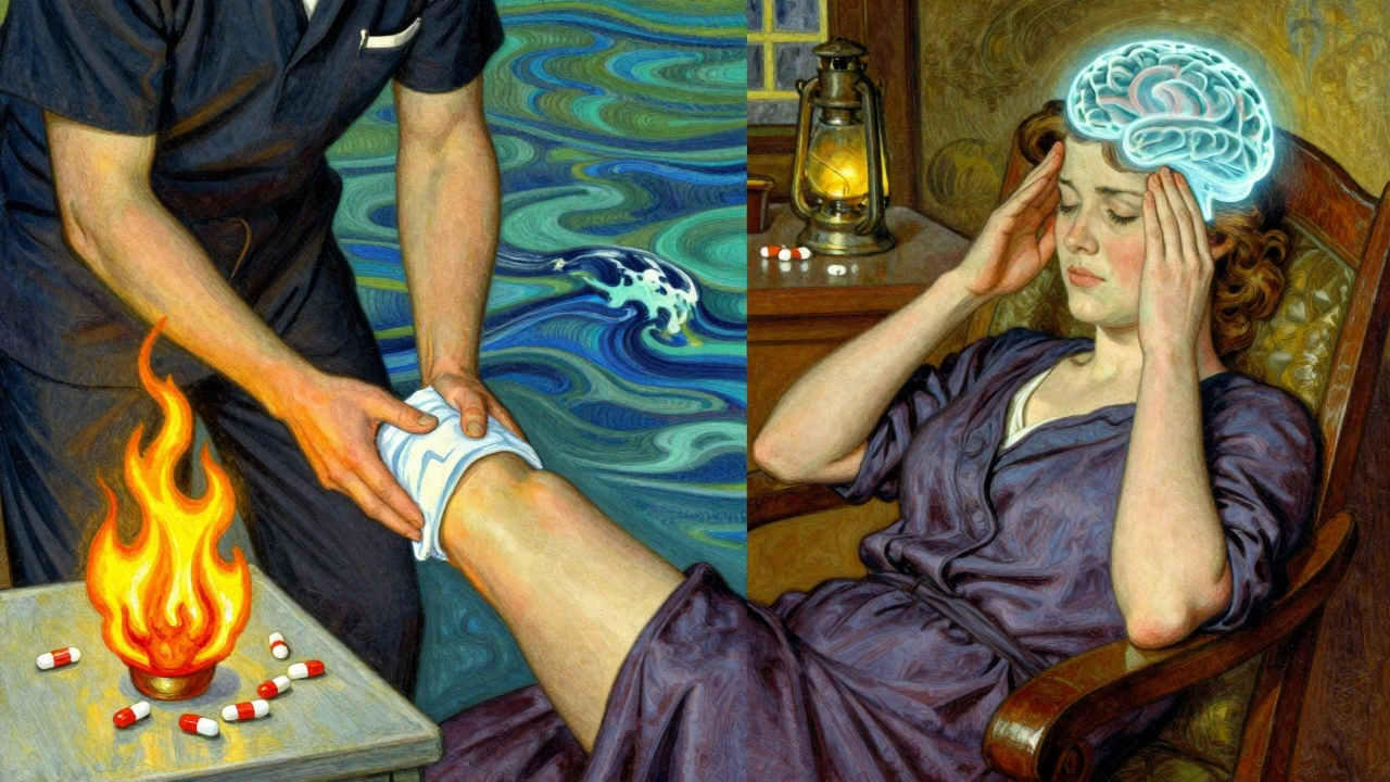 Split scene: therapist treating a swollen knee with ibuprofen on one side, woman with headache and acetaminophen on the other.