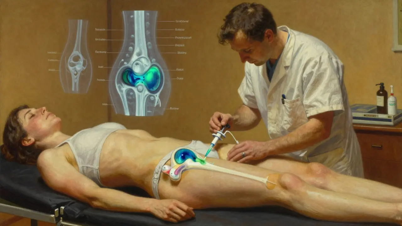 Sports specialist injecting contrast dye into hip joint during MRA, with glowing labrum visible.