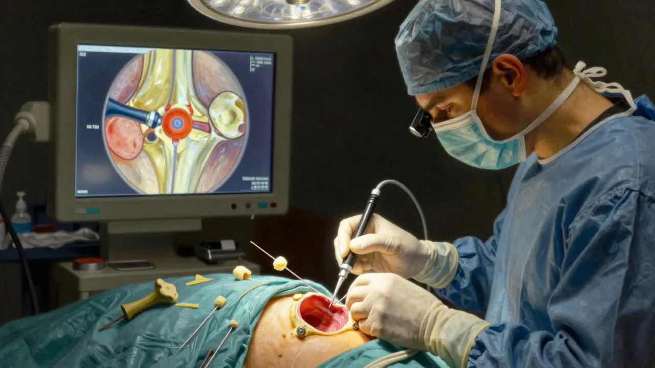 Surgeon repairing hip labrum with anchors during arthroscopy, endoscopic view glowing in background.