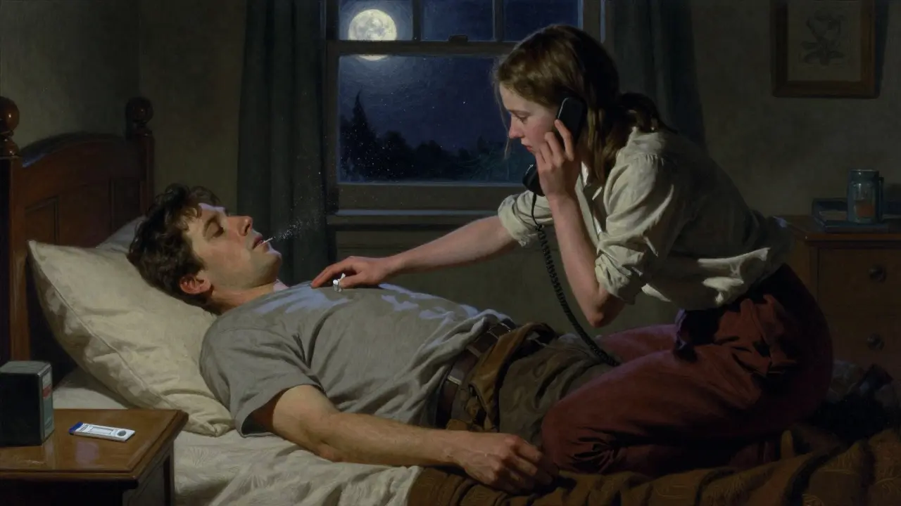 Teenage girl administering naloxone to an unresponsive man at night, moonlight streaming through the window.