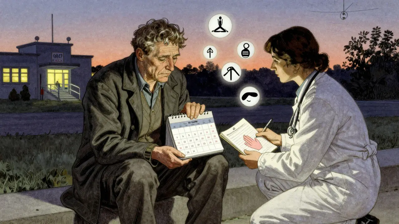 Veteran and clinician discussing tapering plan with symbols of non-opioid therapies in the background.
