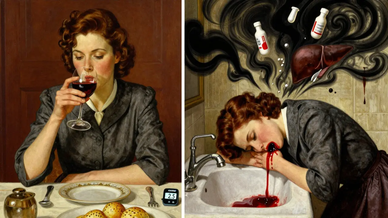 Woman drinking wine calmly on one side, bleeding violently on the other