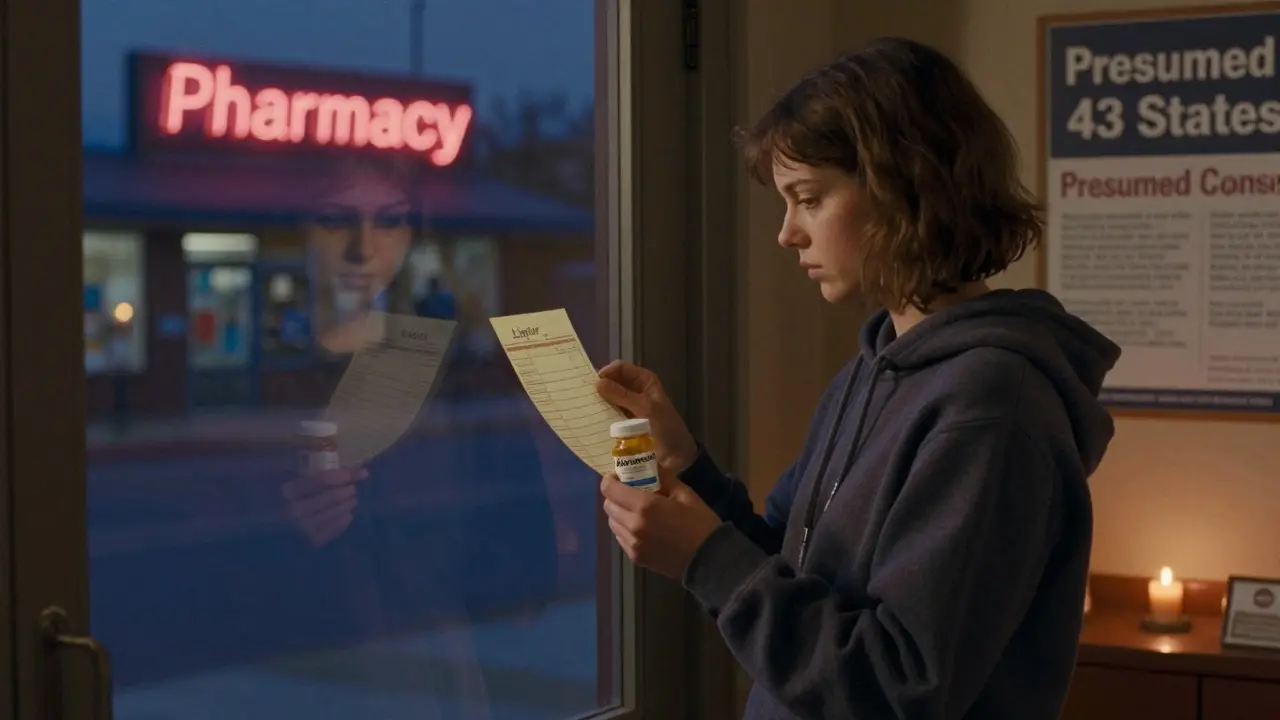 Woman holding a generic medication bottle, her reflection showing the original brand name, under a glowing pharmacy sign.