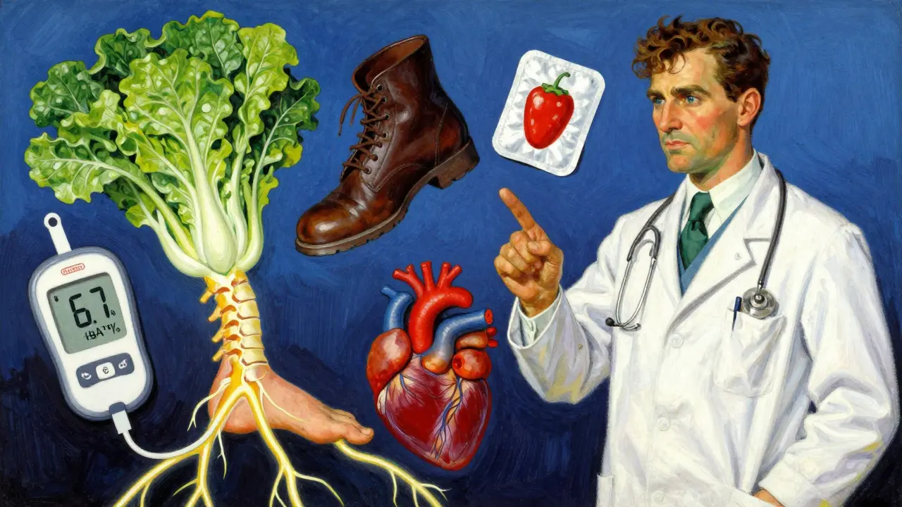 A doctor pointing to a glucose monitor surrounded by symbols of diet, exercise, and nerve stimulation.