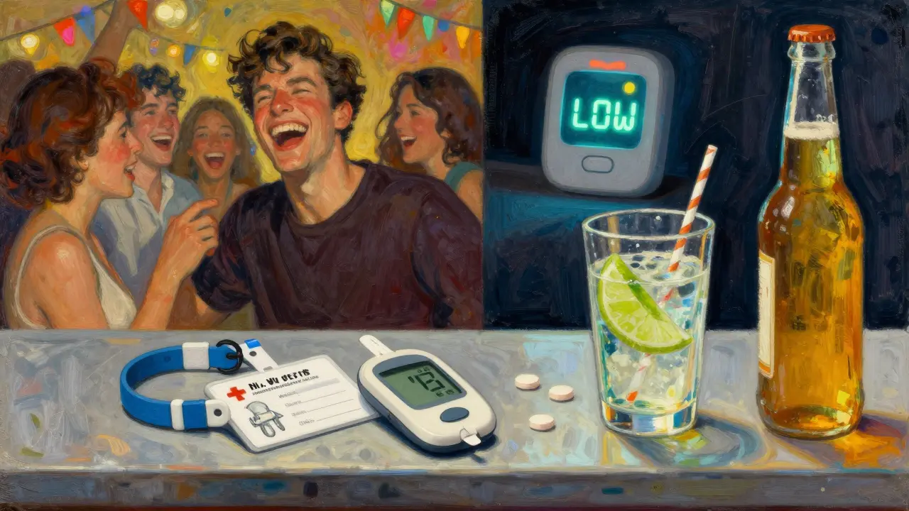 A medical ID bracelet and glucose tablets sit beside a safe drink, with contrasting scenes of partying and low blood sugar alerts.