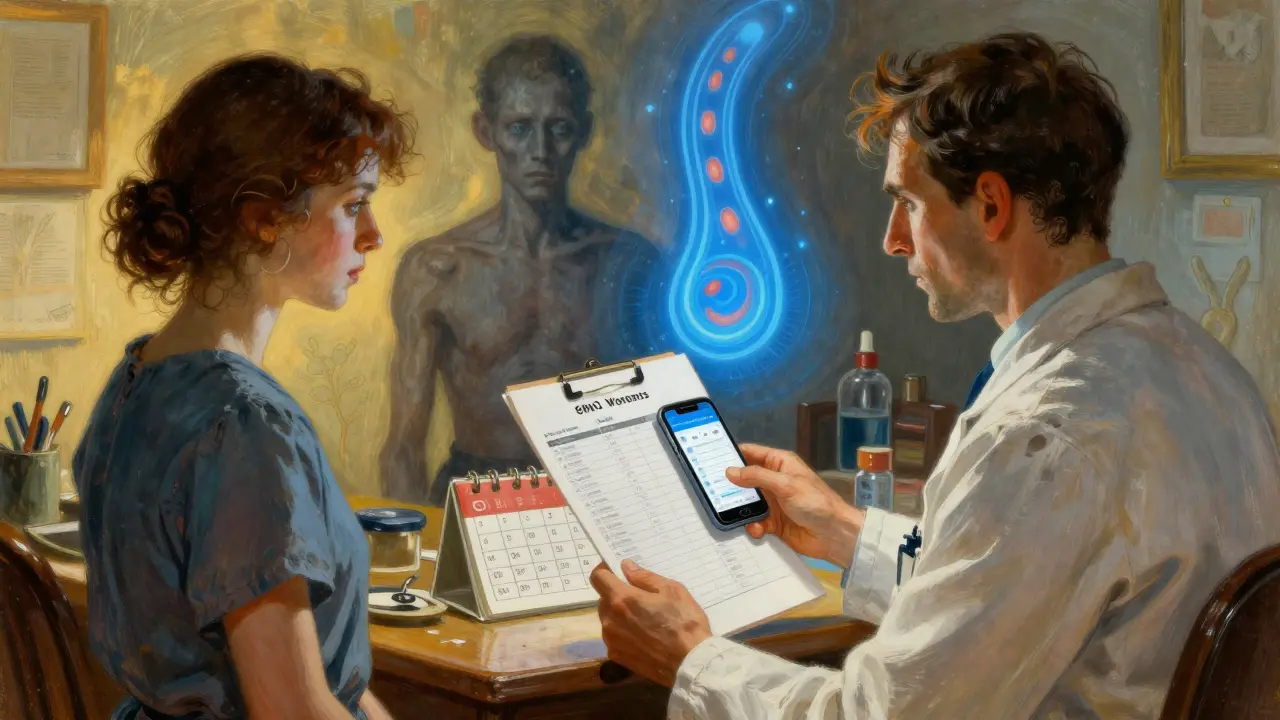 A patient shows symptom logs to a doctor while a faded version of themselves disappears behind them.