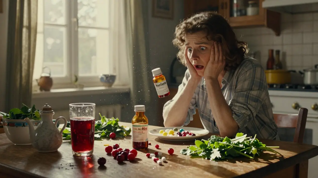 A woman shocked at her medicine bottle as food and pills spill across the kitchen table at dawn.