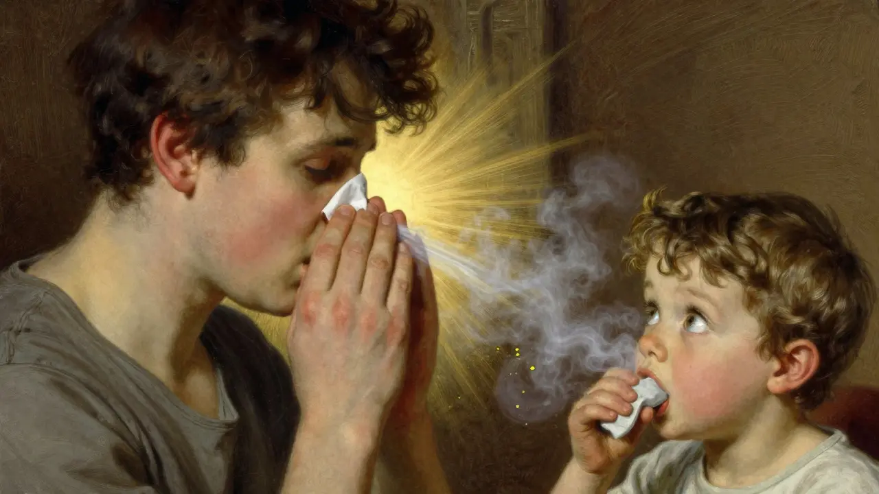 An adult gently performing the Valsalva maneuver while a child chews gum, with visual symbols of allergies and congestion.