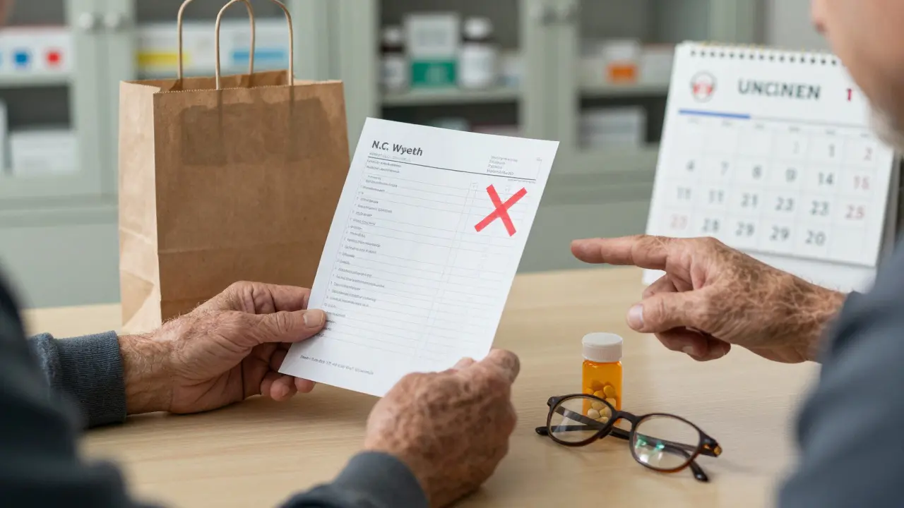 An elderly man holding a revised medication list beside an empty brown bag, with an expired pill still visible.