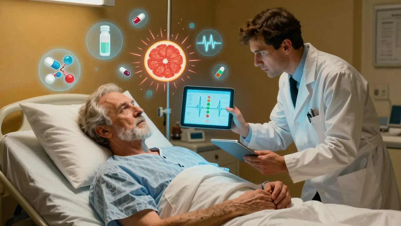 An elderly man in hospital bed with floating drug interaction symbols, a pharmacist analyzing his treatment.