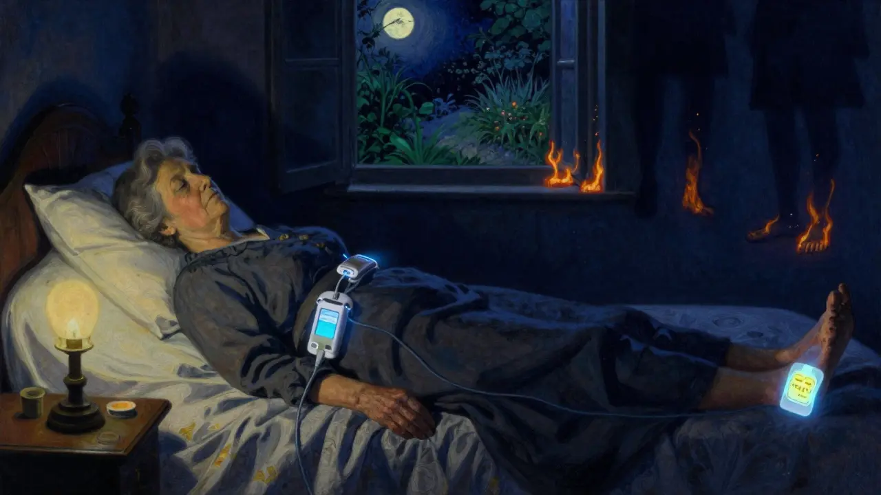 An elderly woman resting peacefully with a TENS device and lidocaine patch, calm in a moonlit bedroom.