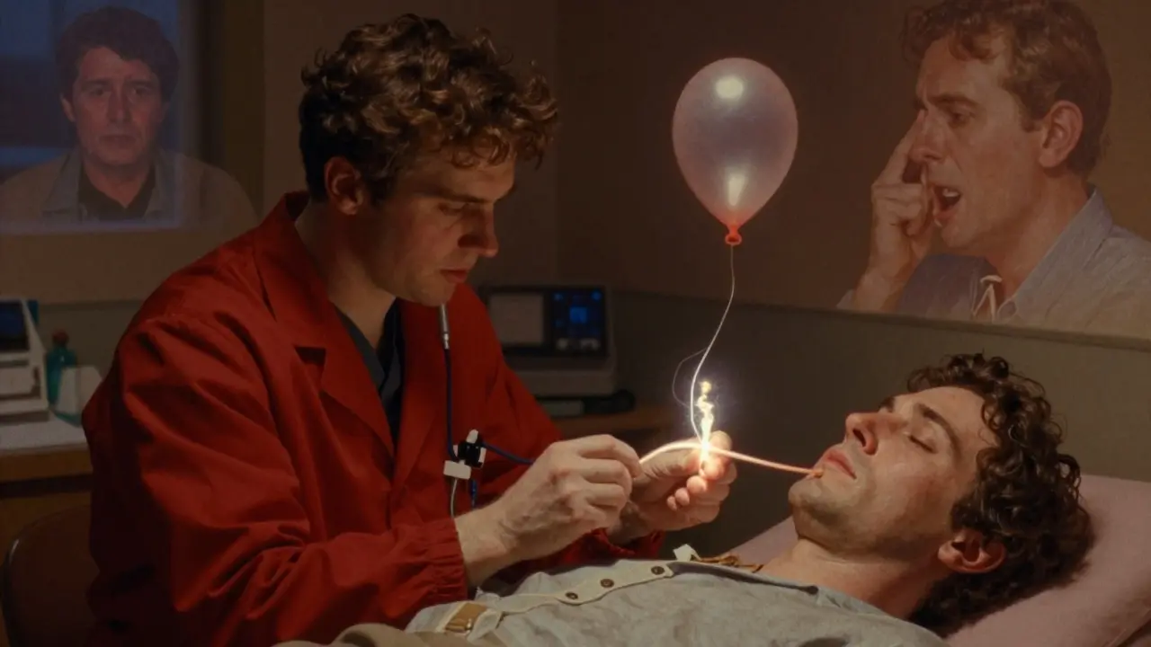 An ENT specialist performing balloon dilation on a patient, with glowing light tracing the expanded Eustachian tube.