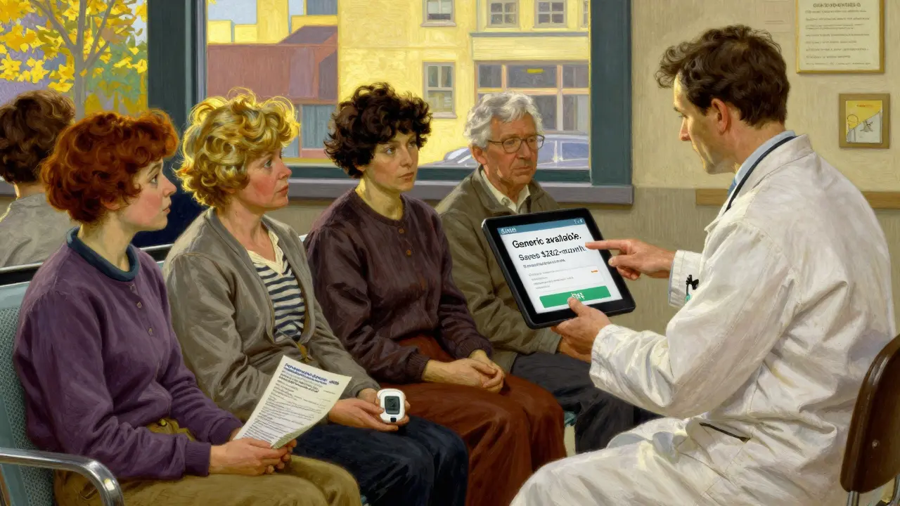 Clinic waiting room with doctor showing EHR generic alert to diverse patients in warm golden hour light.