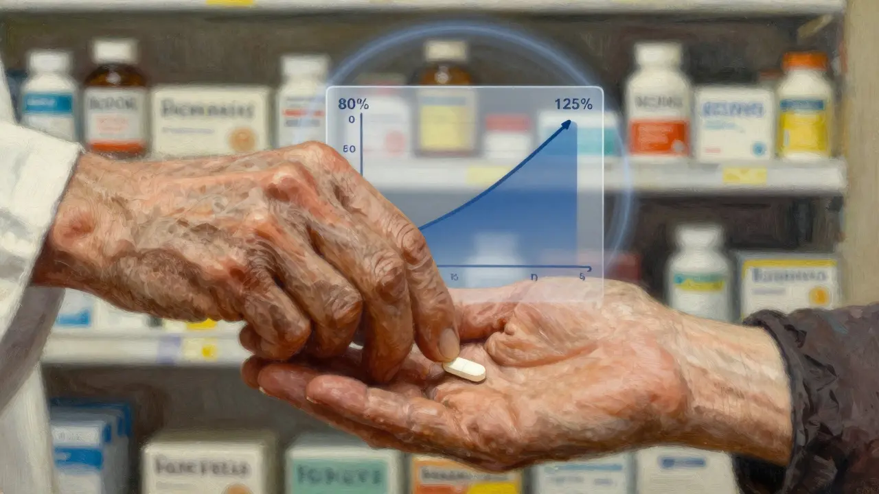 Doctor's hand giving generic pill to elderly patient with bioequivalence graph floating like a halo.