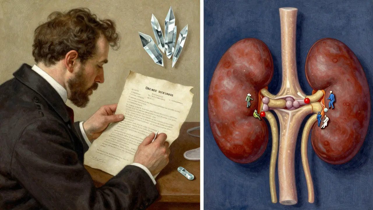 Doctor examining blood test with uric acid crystals and kidney tubules illustrated