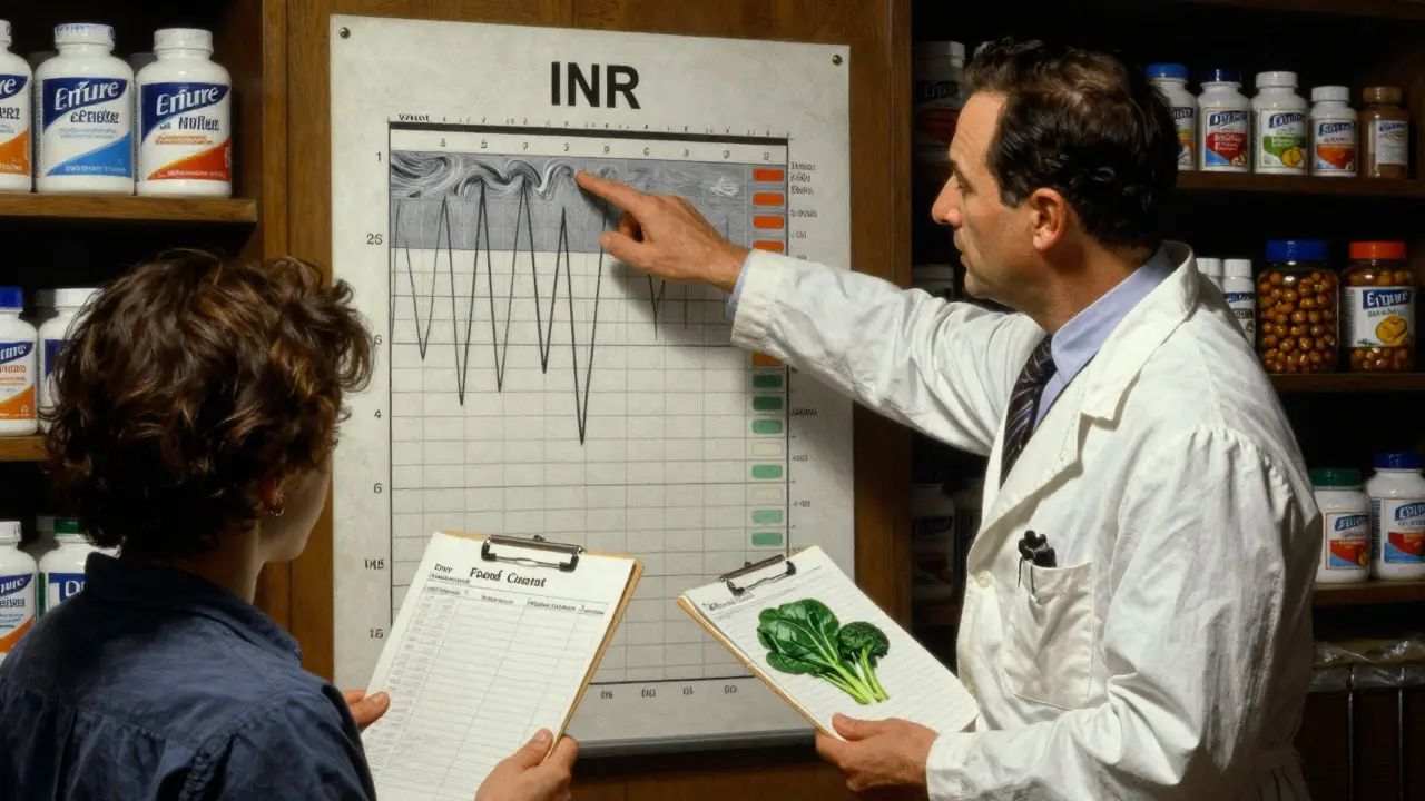 Doctor explaining INR chart to patient, with vitamin K-rich foods and supplements on display.