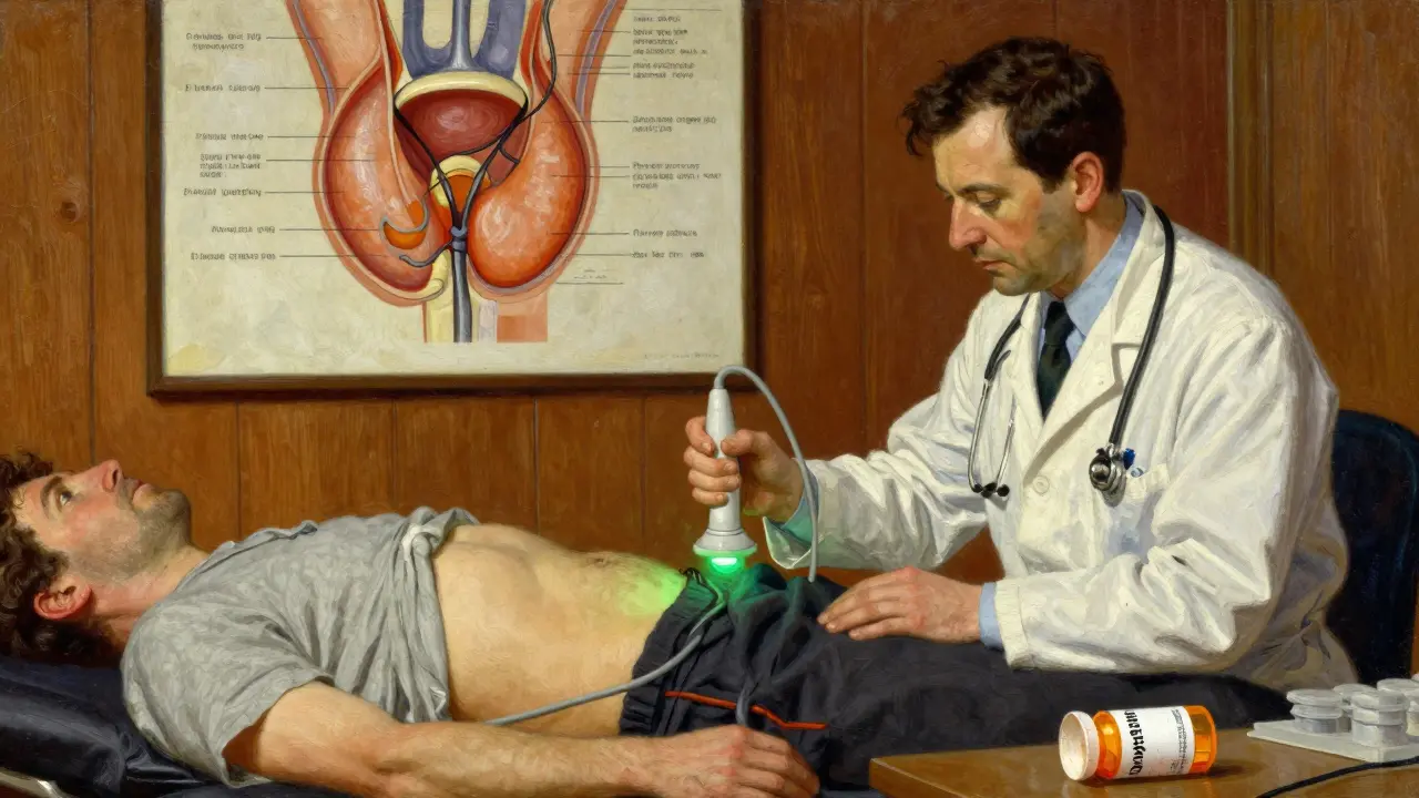 Doctor using a bladder scanner on a patient, with neural pathways severed by chains in the background.