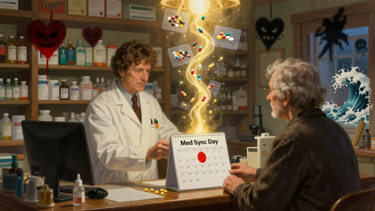 Elderly patient receiving a synchronized refill calendar from a pharmacist, with pills flowing into one stream.