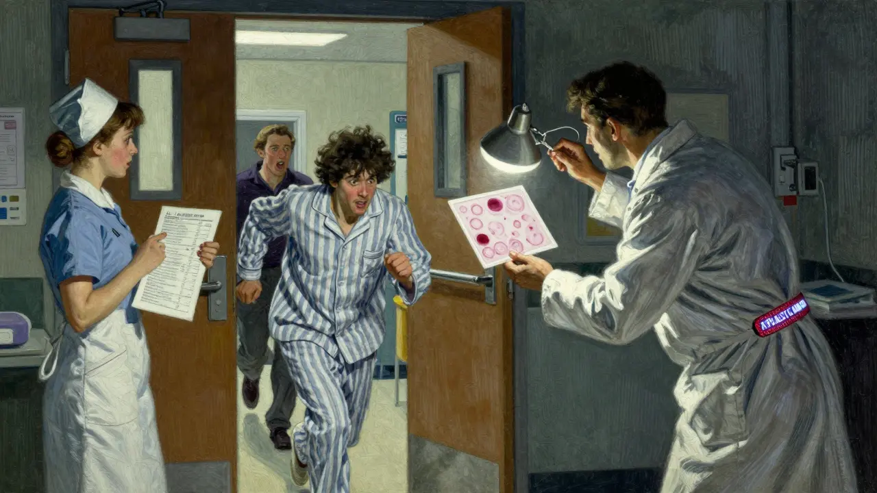 Emergency room staff rush a patient as a lab report shows dangerously low blood counts.