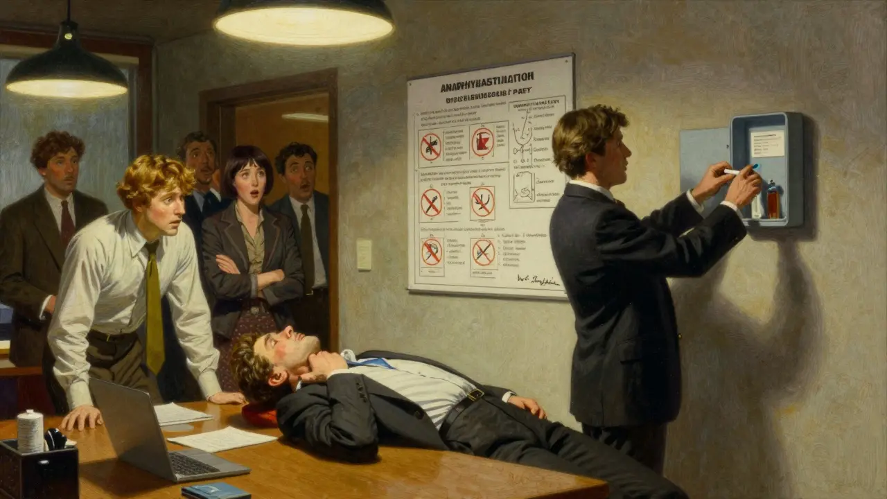 Employee having allergic reaction in office break room as coworker retrieves epinephrine from unlocked case.