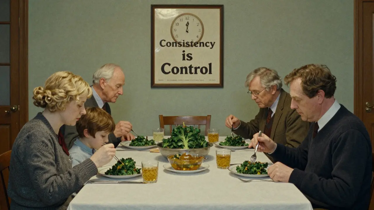 Family sharing a meal of cooked kale, symbolizing consistent vitamin K intake for warfarin users.